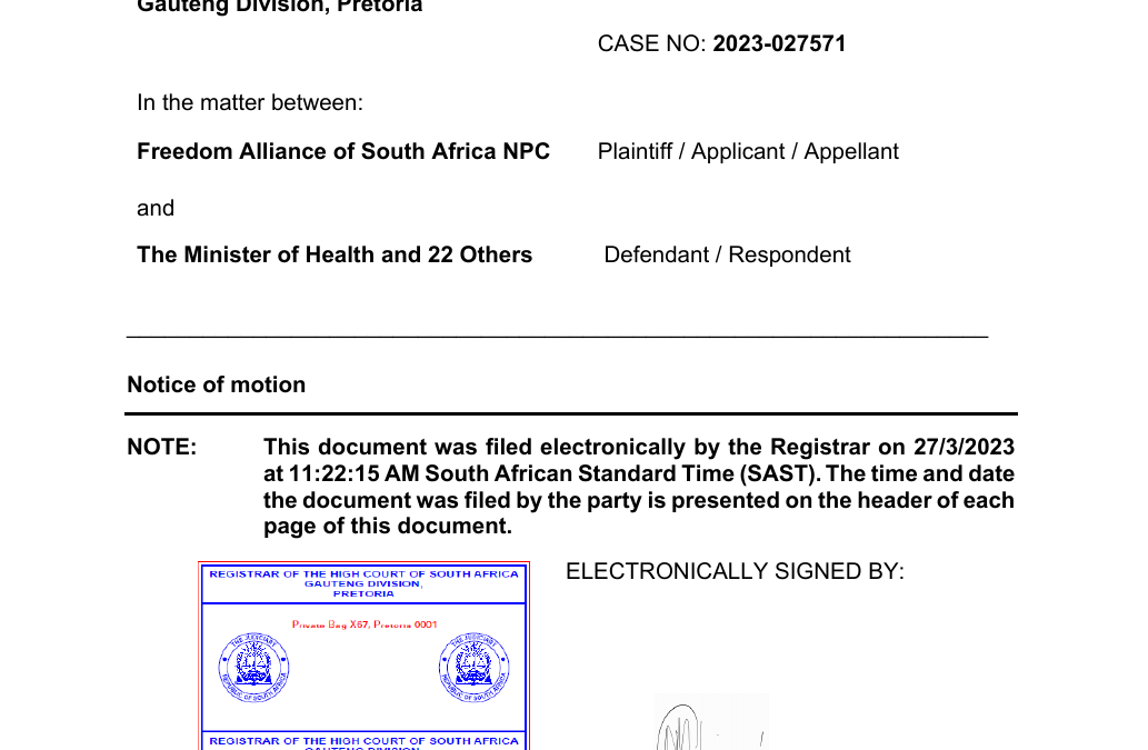 High Court SA (2023) Notice of Motion; FASA vs Min of Health & Others